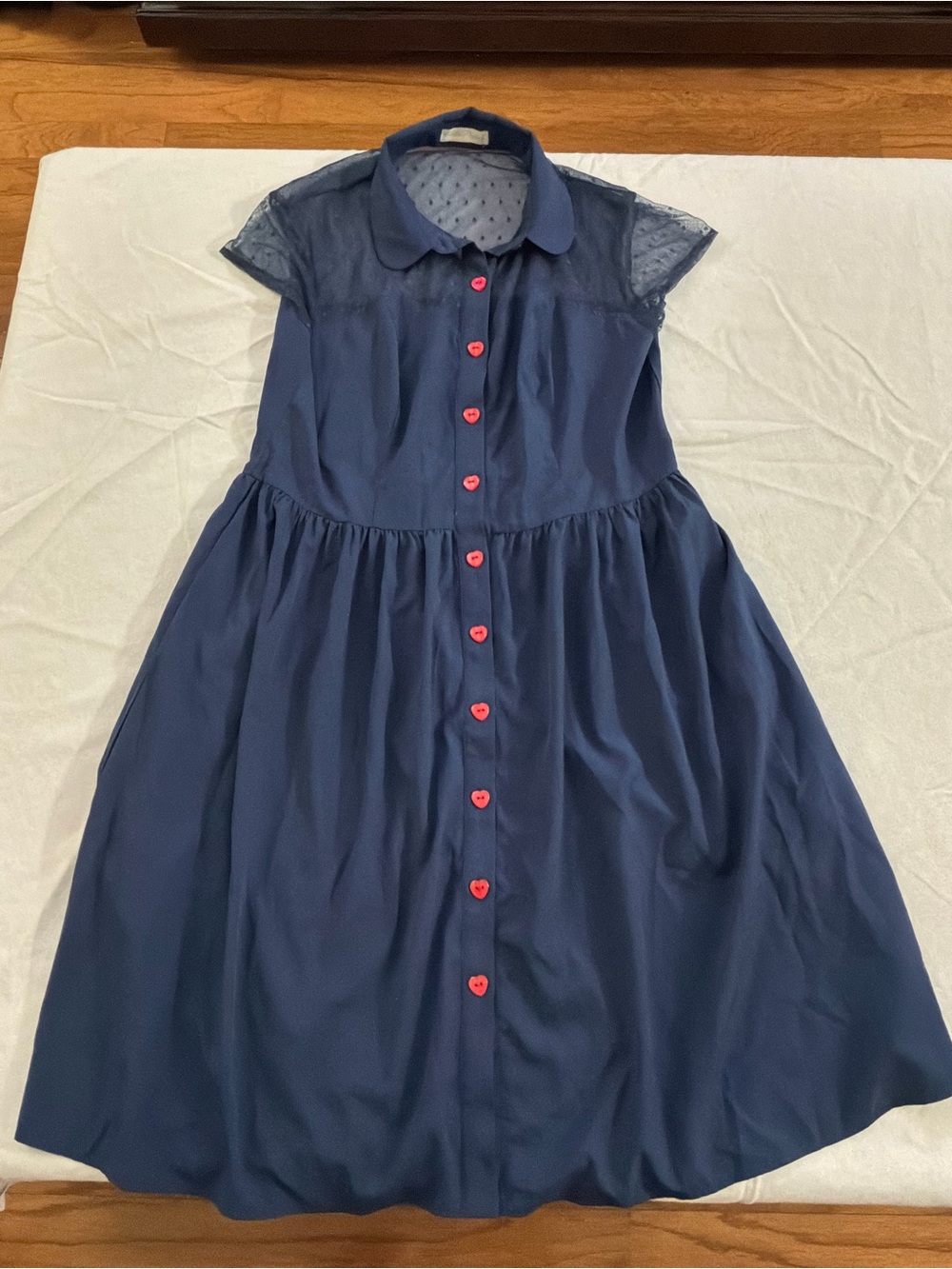 ******* Navy Midi Retro Dress with Pink Heart Buttons b7 *******